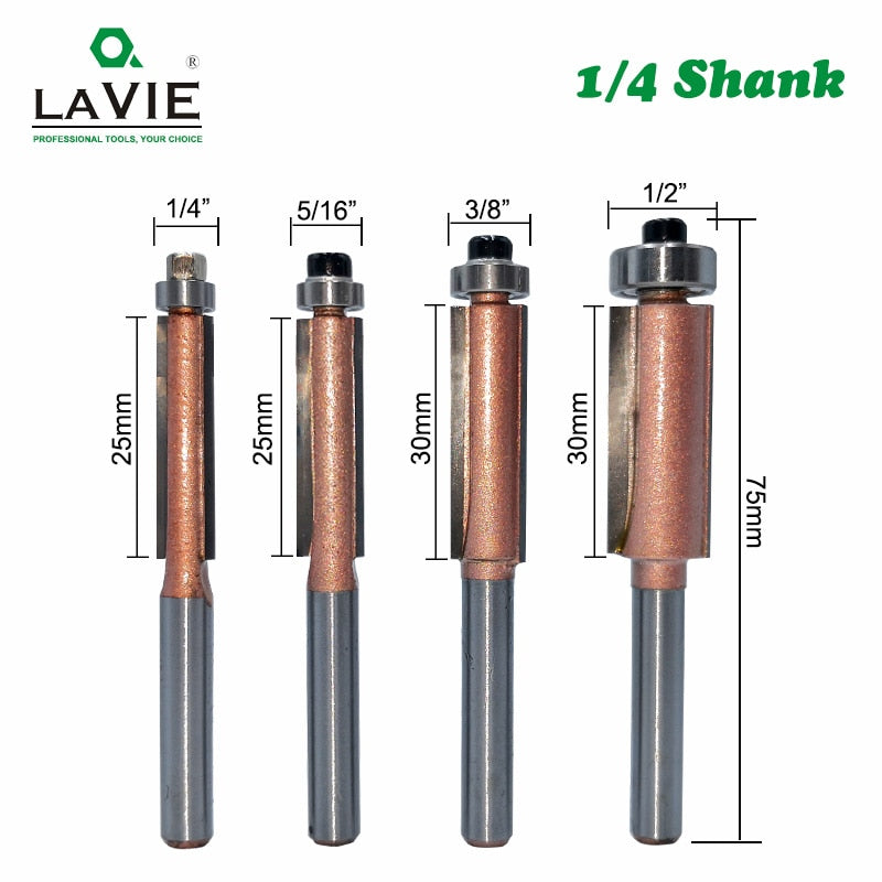 4pcs Superior 1/4" Shank Flush Trim Router Bit Straight Wood Milling Cutters for Woodwork 1/4" 5/16" 3/8" 1/2"