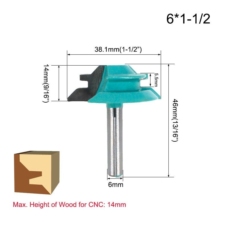 Vástago de 1/4 ", 6,35 MM, 8MM, bloqueo de 45 grados, broca para ranuradora de inglete, fresa de espiga, herramienta para carpintería