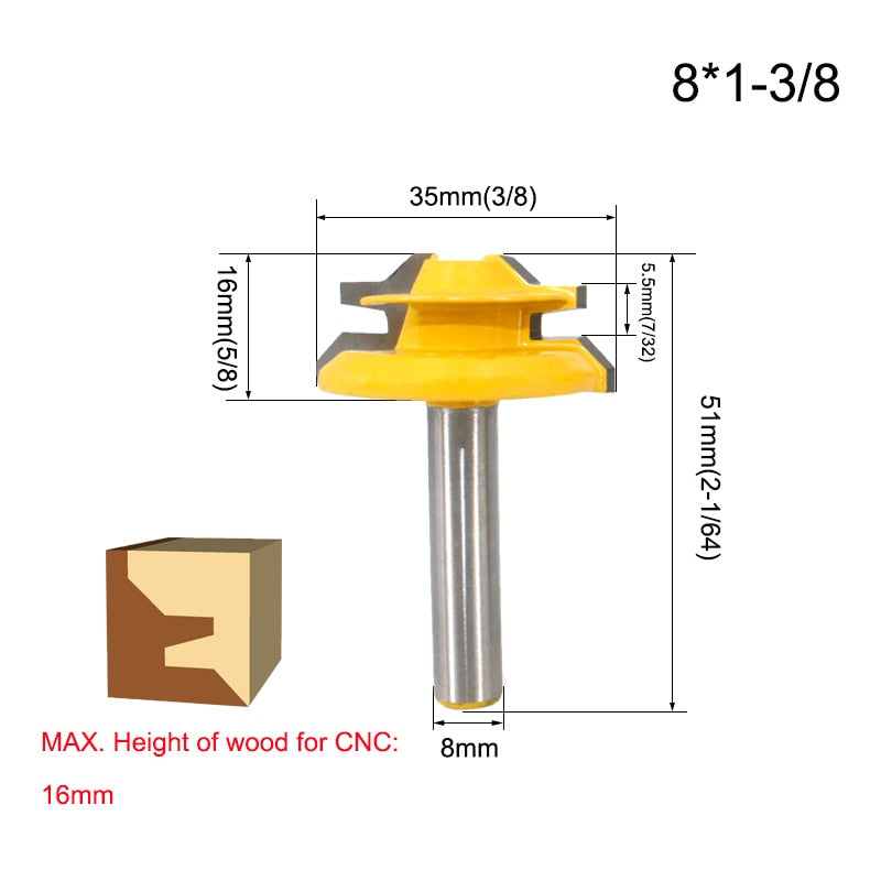 Vástago de 1/4 ", 6,35 MM, 8MM, bloqueo de 45 grados, broca para ranuradora de inglete, fresa de espiga, herramienta para carpintería